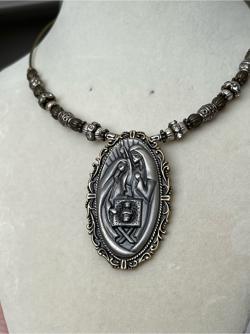 Vintage Pewter Religious Christian Catholic pendant and beaded Torque